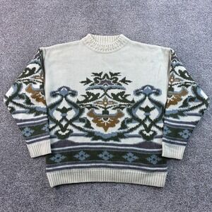 Vintage Saks Fifth Avenue Sweater Mens L Ivory Wool Blend Intarsia Knit Italy